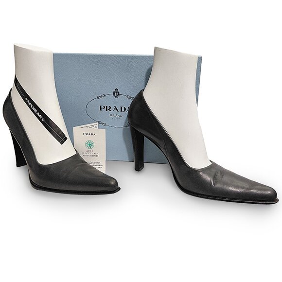 Prada Womens Dark Gray Leather Italy Slip On Stiletto Pump Heels Size 37.5 - Picture 2 of 12